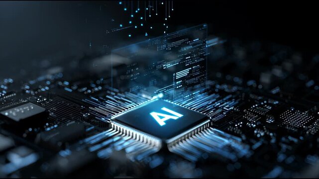 Human Finger Touching AI Microchip with Glowing Data Streams on Dark Background.