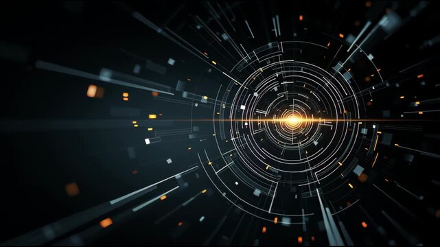 Digital Tunnel Warp with Central Glowing Light Flare.