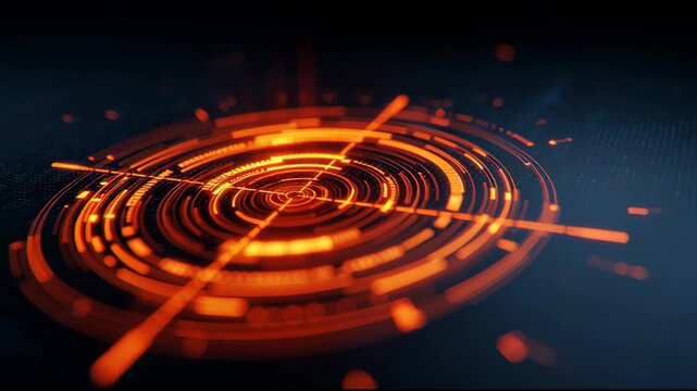 Futuristic Digital Radar Interface with Glowing Orange Circular Grid and Data Points Mapping in Deep Space Background.