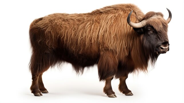 A shaggy brown bison standing calmly on a white studio background
