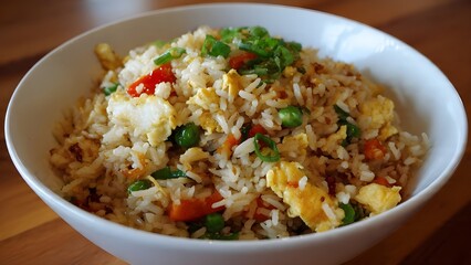 Bowl of delicious homemade fried rice with vegetables and eggs served on a wooden table.
