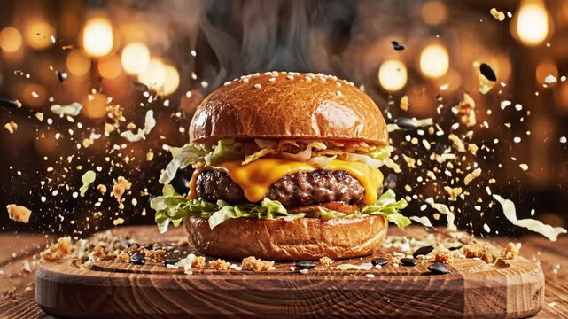 Gourmet beef burger steaming on a wooden board. Ingredients explode around the bun. Delicious fast food presentation.