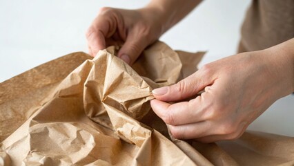 Hands carefully wrapping an item with eco-friendly crumpled brown paper on a light surface.
