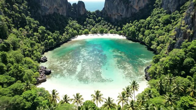 Aerial drone reveals a secluded tropical beach hidden within lush green cliffs. Clear turquoise water and pristine white sand define this paradise.