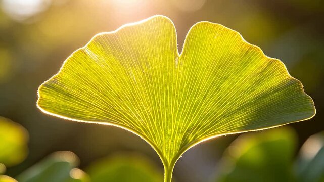 Close-up of green ginkgo leaf with sunlight and veins