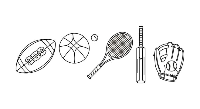 Set of 5 sports icons vector, football, basketball, tennis racket, baseball bat, baseball glove
