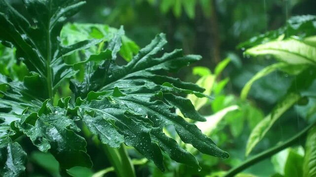 Close up of wet green philodendron leaves with raindrops falling in a lush tropical garden. Peaceful natural atmosphere during rainy season.