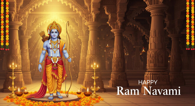 Lord Rama with Bow and Blessing Gesture - Ram Navami Greeting Devotional Artwork