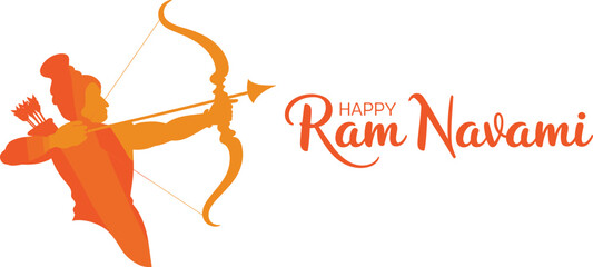 Orange silhouette of Lord Rama holding a bow and arrow with Happy Ram Navami typography for Hindu festival celebration, religious greeting card and poster © Sarsati25