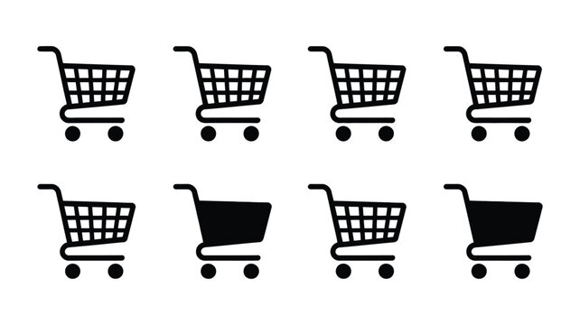 Shopping cart icon set vector, supermarket trolley symbols collection, retail e-commerce basket illustration isolated black silhouette bundle design, minimal and modern vector icons for online