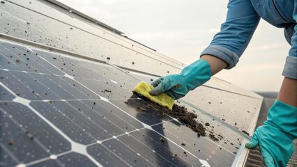 Person cleaning solar panels with sponge while wearing blue gloves and denim shirt outdoors under natural light.