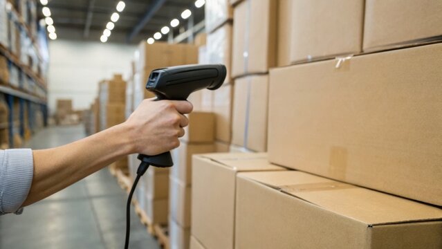A person uses a handheld barcode scanner to scan boxes stacked in a large warehouse aisle.