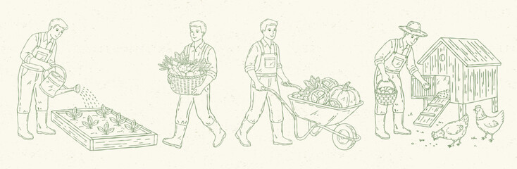 Line art vector set of farm life scenes with farmer pushing a wheelbarrow of vegetables, collecting eggs by a chicken coop, watering garden beds, and carrying a basket of vegetables. Minimal monochrom © Irina Khovanskaya