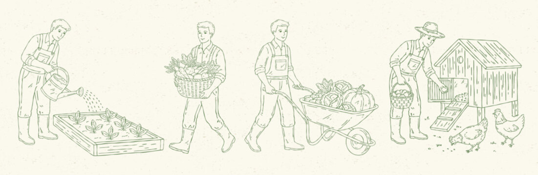 Line art vector set of farm life scenes with farmer pushing a wheelbarrow of vegetables, collecting eggs by a chicken coop, watering garden beds, and carrying a basket of vegetables. Minimal monochrom