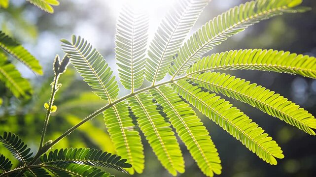 Green fern leaves growing in sunlight with natural fresh background