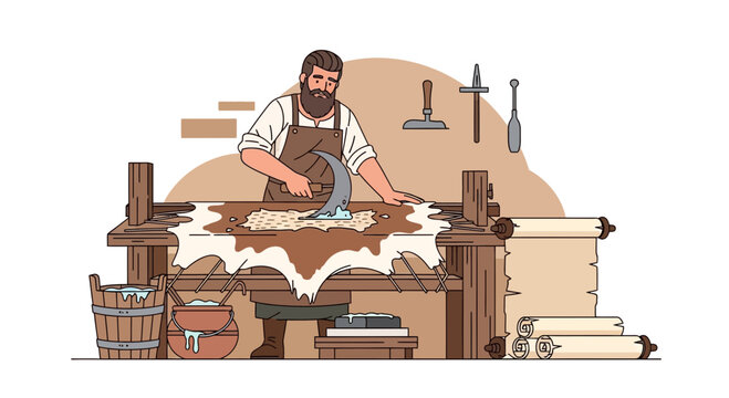 Bearded craftsman working with animal hide at a wooden workbench, historical craft