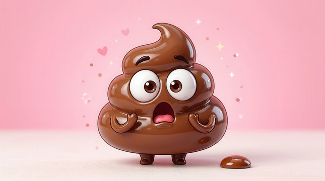 Animated Cartoon Poop Character with Big Eyes and Surprised Expression on Pink Background
