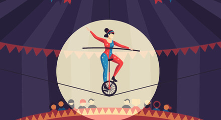 Circus performer on unicycle balancing on tightrope under spotlight, festive tent © punduh