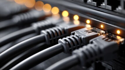 Naklejka premium Black ethernet network cables are plugged into a professional network switch with glowing orange status indicator lights in a dark server room.