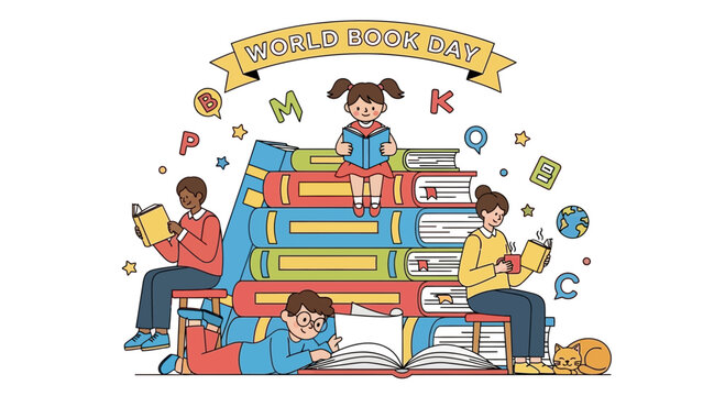 Children Reading Books on Stack of Books, World Book Day Celebration