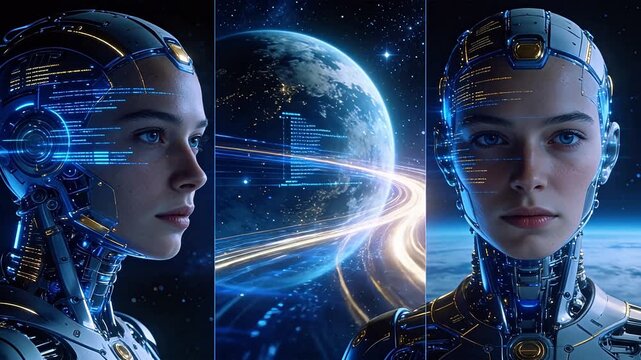 Robots flanking Earth in space with starlight background