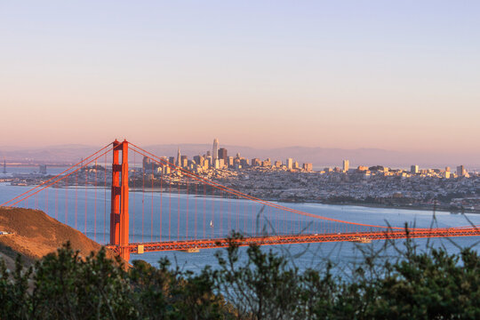 Golden Gate Bridge and San Francisco Skyline at Sunset Viewed from Marin Headlands with Warm Evening Light, Silicon Valley, Bay Area, California Travel