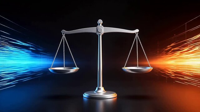 Metal justice scale balanced against digital data streams in blue and orange &mdash; symbolizing fairness, law, and technology convergence in modern governance and AI ethics.