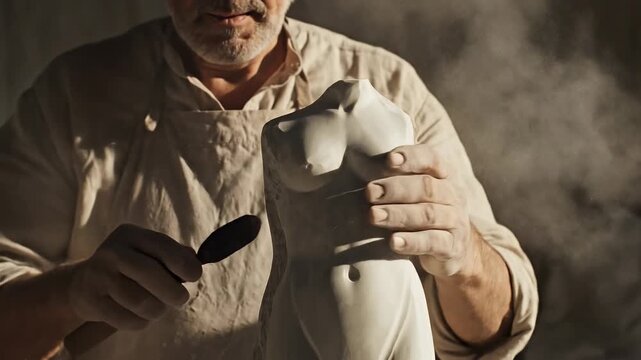 A skilled artisan meticulously shaping a stone statue in a well-lit workshop filled with sculpting tools and dust particles in the air