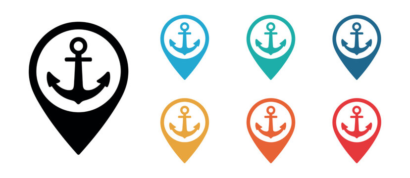 Anchor boat ship map icons in multicolored style showing nautical navigation symbols and marine location markers, maritime transport illustration for travel routes, sea adventure, and navigation desig