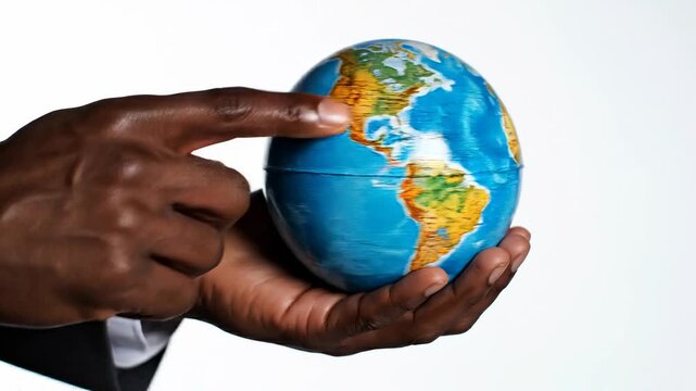 Close-up of a hand delicately holding a small globe, highlighting North and South America with vibrant colors
