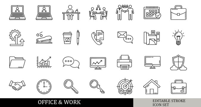 black and white office and workplace icon set, laptop, office desk, meeting, teamwork, briefcase, work schedule, productivity icons, outline vector icons, isolated on white background, simple line sty