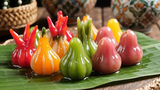 Colorful assortment of mung bean sweets displayed on banana leaves, showcasing vibrant shapes and bright colors