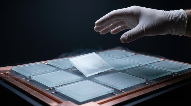 Quantum computing calibration array technology banner with frosted glass tiles in cryogenic lab and gloved hand hovering over a misaligned qubit module