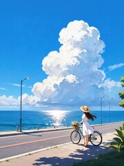 Fototapeta premium A woman in a white dress and straw hat rides a bicycle along a coastal road under a large cumulus cloud.