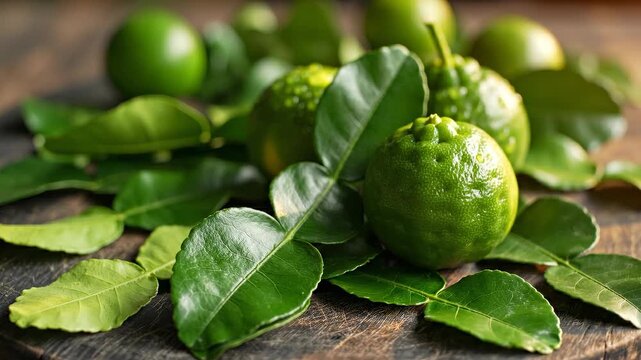 Vibrant green kaffir lime leaves and fresh fruits arranged on a rustic wooden surface, showcasing their texture and color