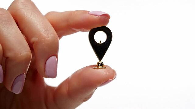 A hand delicately holding a small location pin, showcasing its shiny detail against a white background