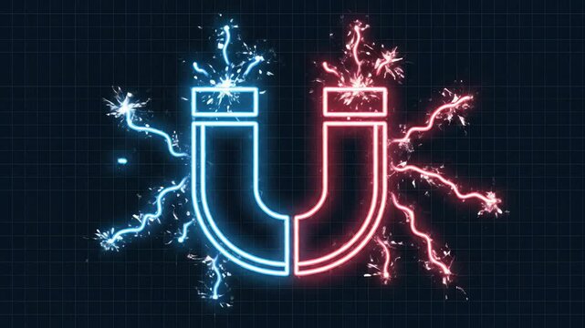 Electric motion sparks fly around glowing blue and red magnets in action.