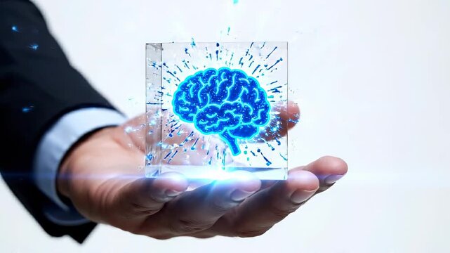 A hand holding a transparent cube with a luminous blue brain design, symbolizing intelligence and creativity against a simple background