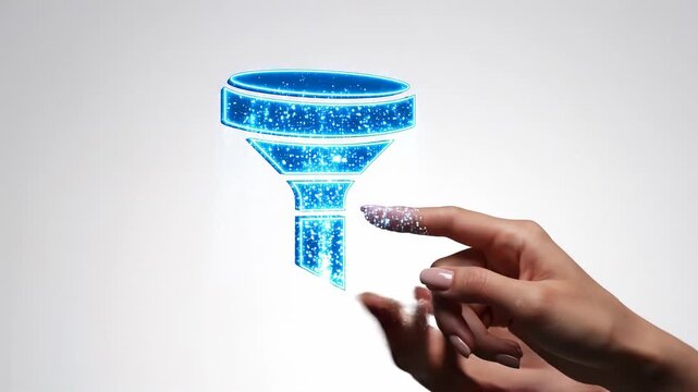 A hand interacting with a glowing digital filter icon against a light background, emphasizing technology and innovation