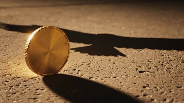 Golden coin symbol of new technology market where bird shadow represents dramatic change and power over future global economy