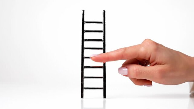 A human hand carefully presenting a miniature ladder on a smooth white background, showcasing delicate movements and attention to detail