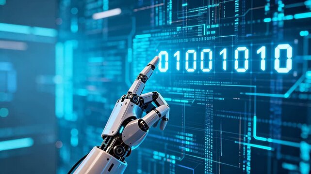 Robot hand interacting with digital code