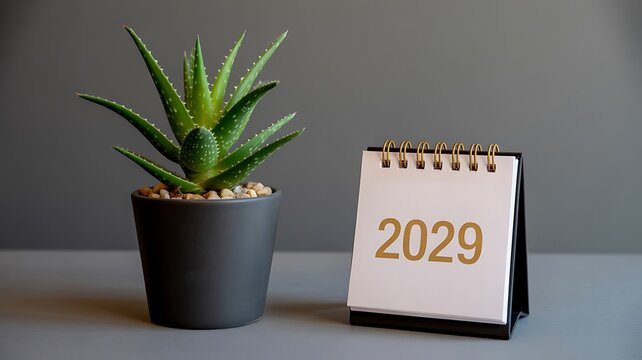 Succulent plant in black pot with 2029 calendar on desk
