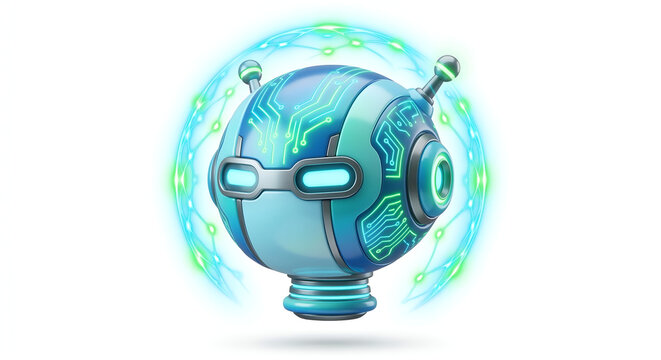 A futuristic blue robot head with glowing blue circuits isolated on white background