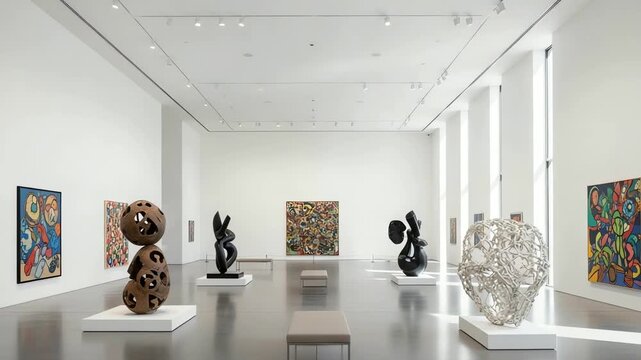 Contemporary art exhibition featuring abstract sculptures and vibrant paintings in a modern gallery
