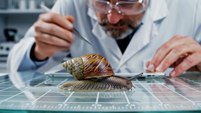 Scientist in lab coat closely examining a marine shell specimen using tweezers, with a digital tablet in the background on a grid-patterned glass
