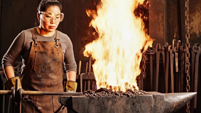 A skilled artisan forging metal at an anvil, sparks flying and flames rising, illuminated by warm light in a workshop