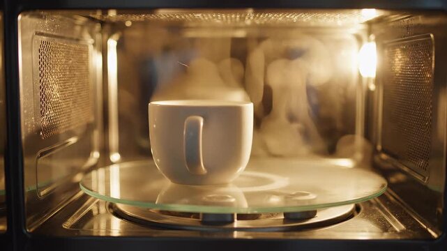 A steaming cup of milk heating in a microwave, glowing softly in warm light with condensation on the inside of the microwave