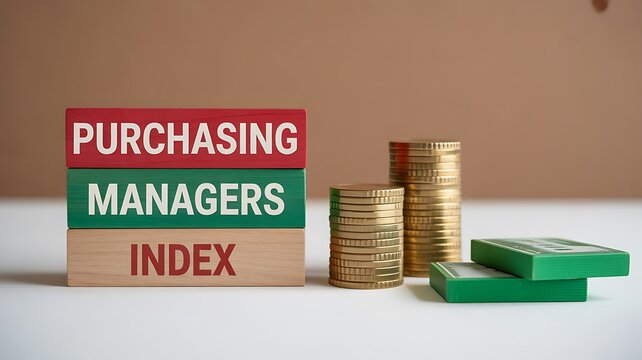 Purchasing managers index blocks with gold coins on white table