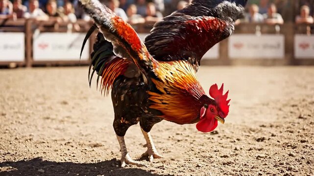 A vibrant rooster showcasing its colorful plumage mid-air during a competition in an outdoor arena filled with spectators